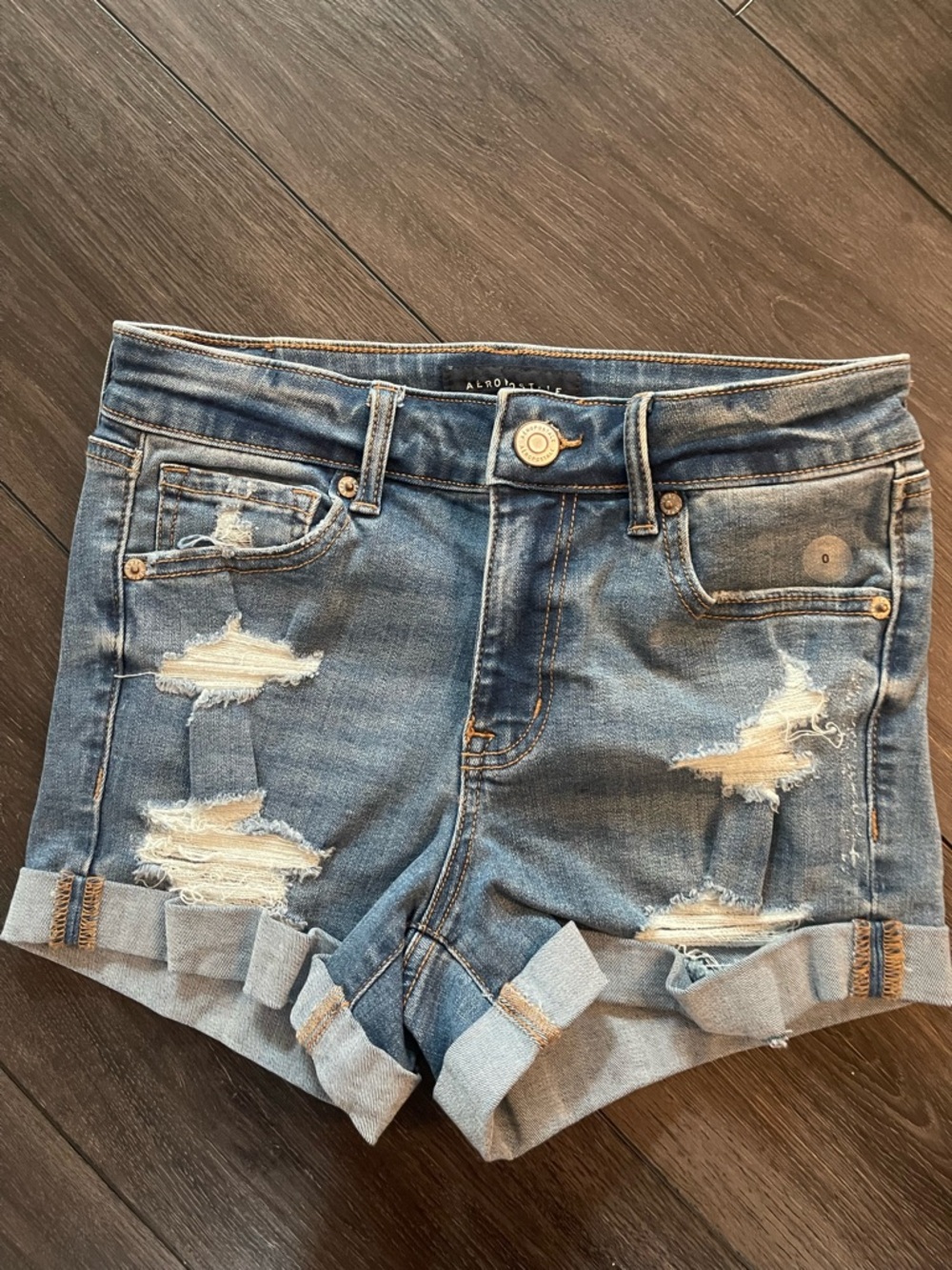 Aeropostale Light Blue Distressed Rolled Hem Jean Shorts
